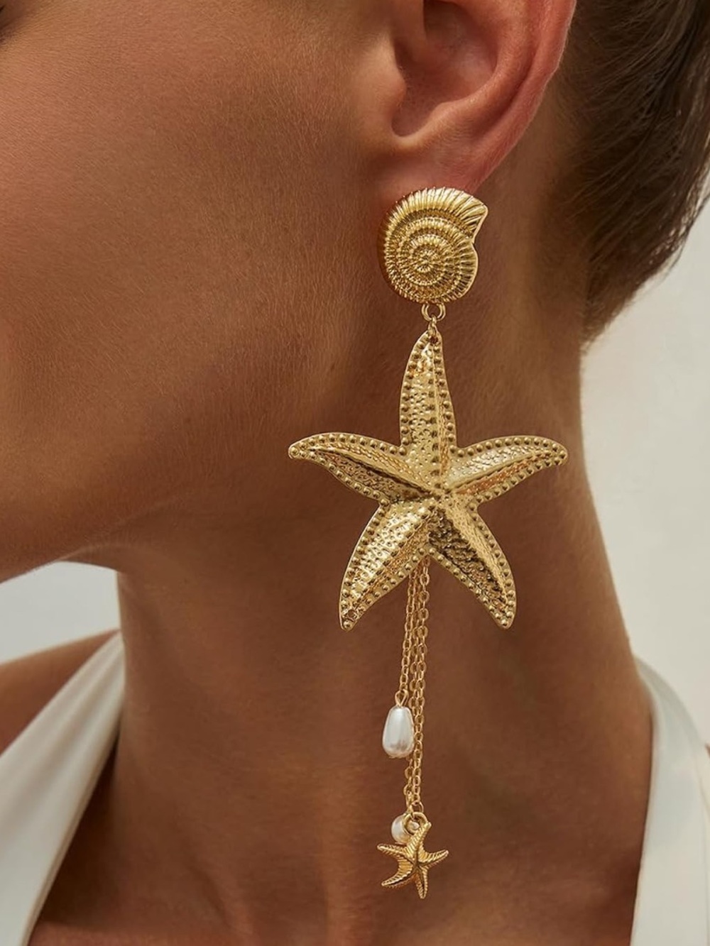 Anthropologie Gold Starfish Drop Earrings with Pearl and Chain Charms - Picture 4 of 5